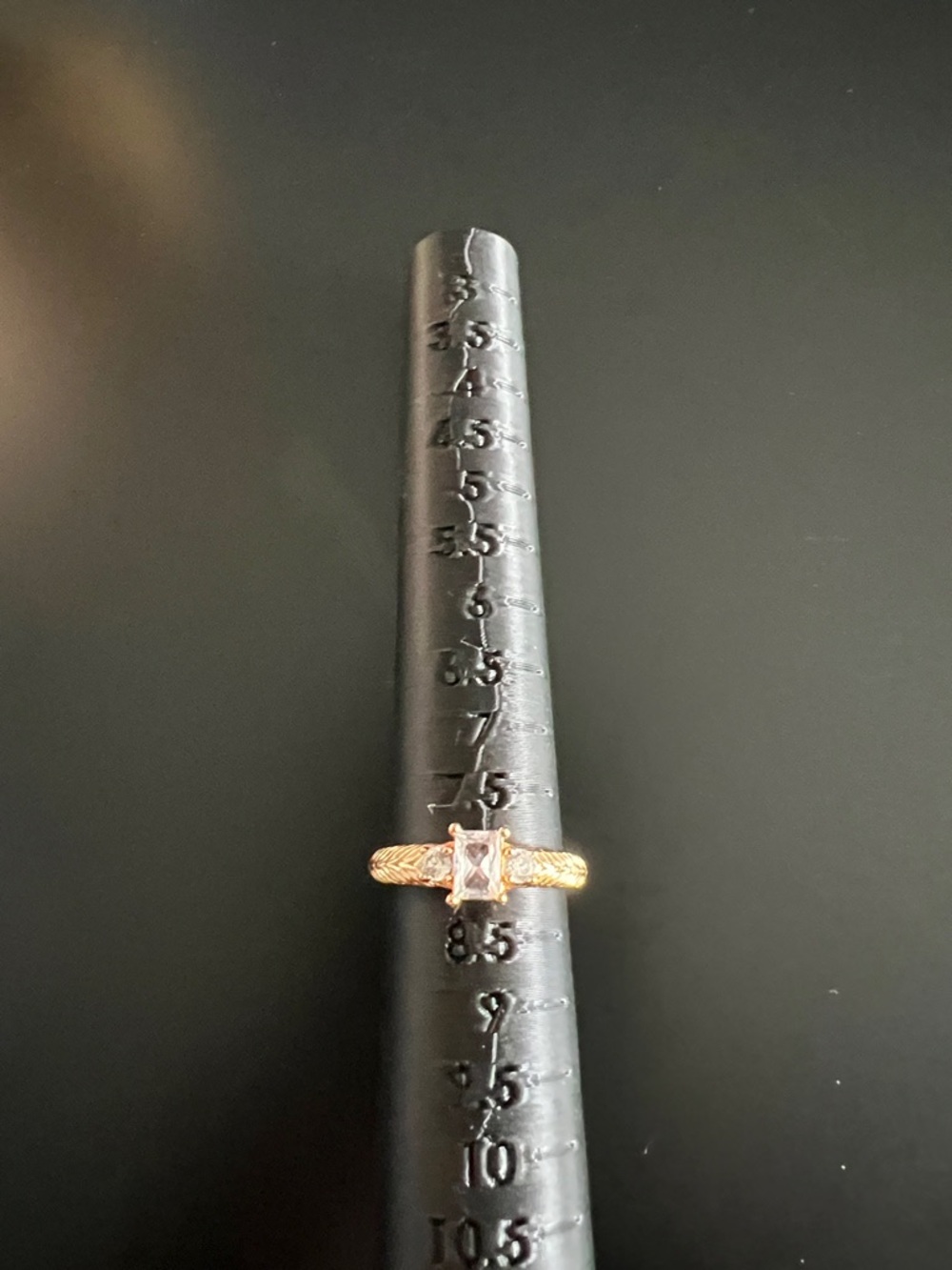 Rose Gold Ring 14 kt plated with rectangular clear cz and 2 round czs